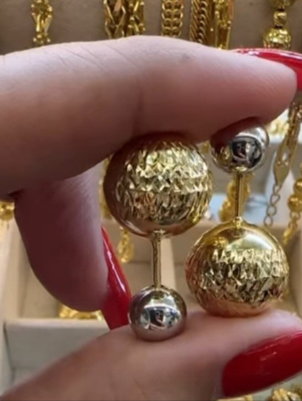 Elegant Two Tone Colors White & Yellow Gold  Ball Earrings Real Solid 18k Gold.